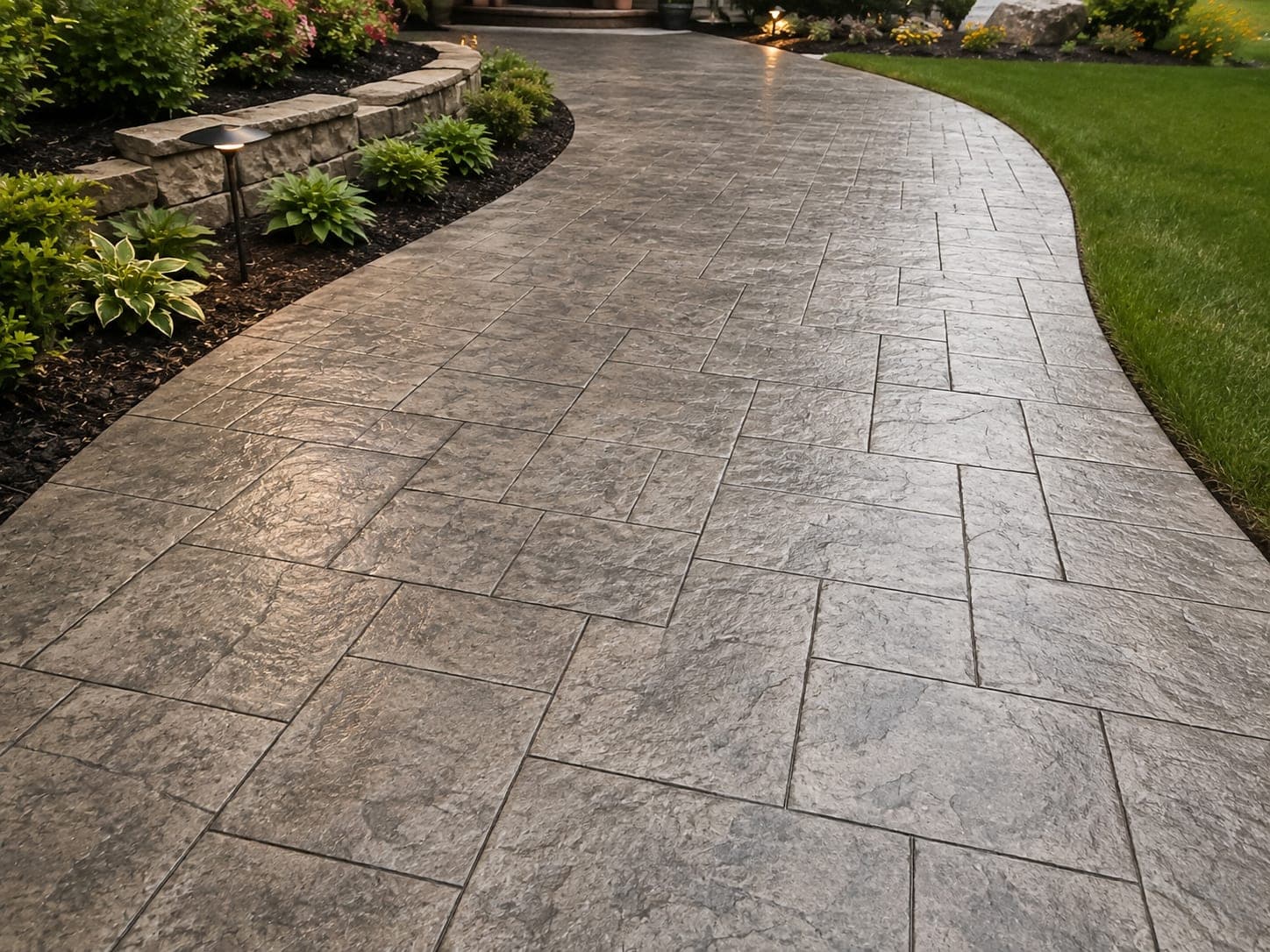 A stamped concrete walkway in a cut-stone pattern.